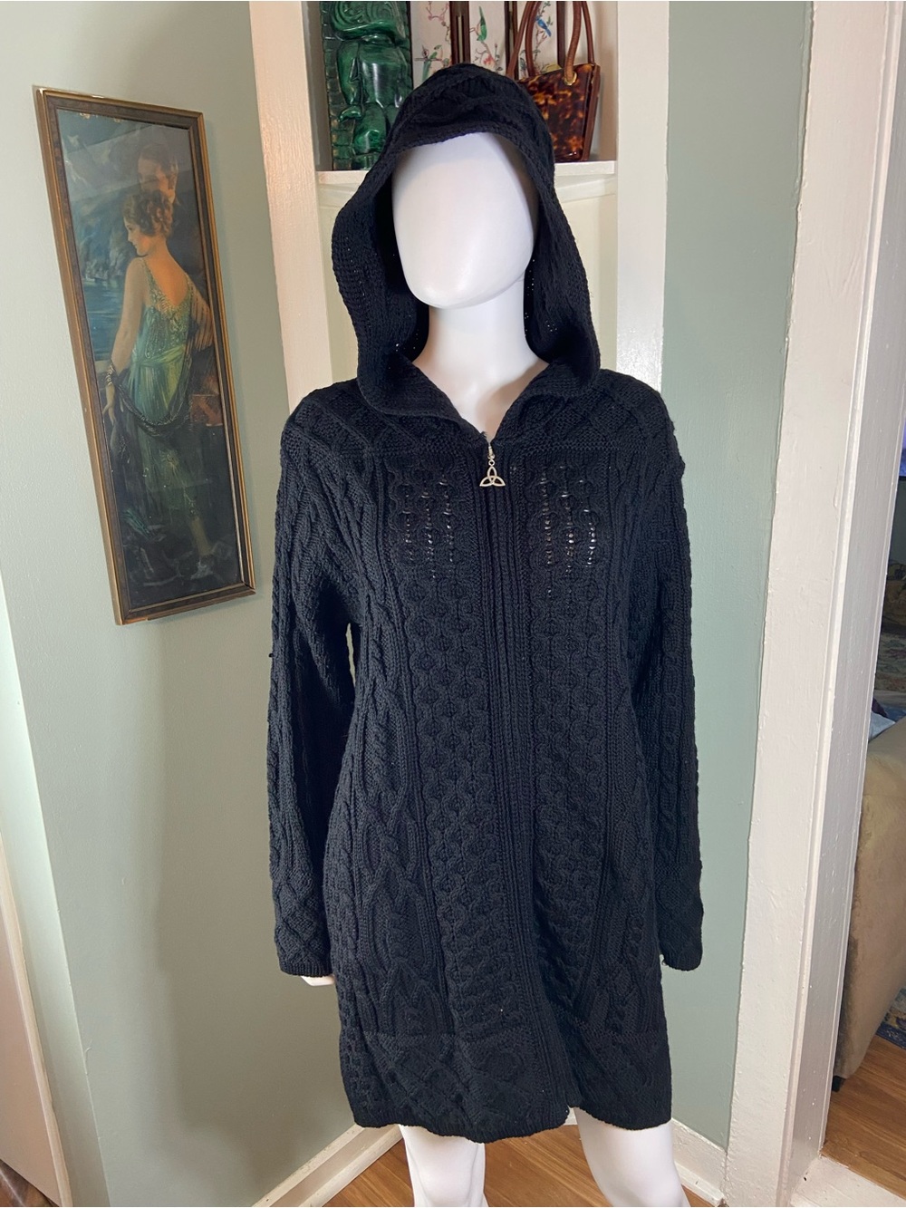 Aran Crafts Black Hooded Cable Knit Celtic Irish Zip Cardigan Coatigan Wool M